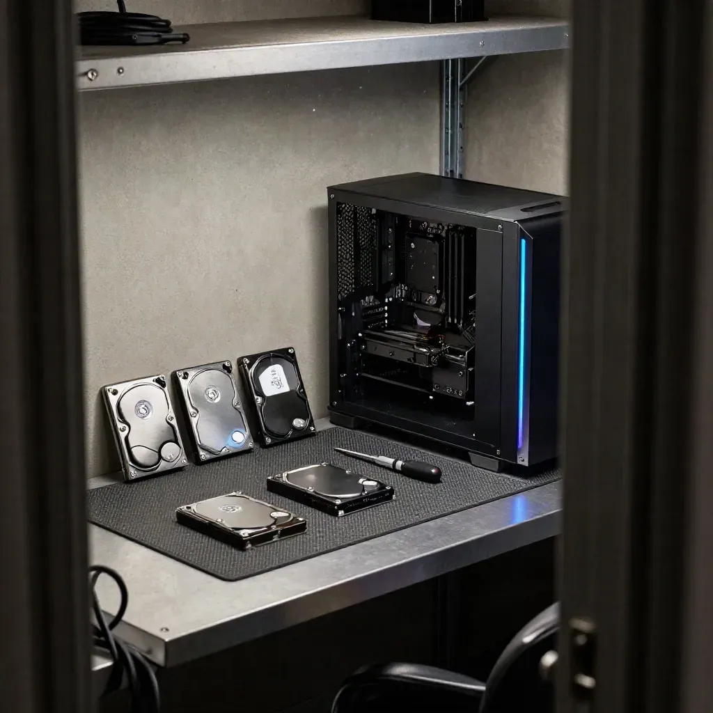 Open PC modding workbench with drives, screwdriver, and tower chassis in soft light.