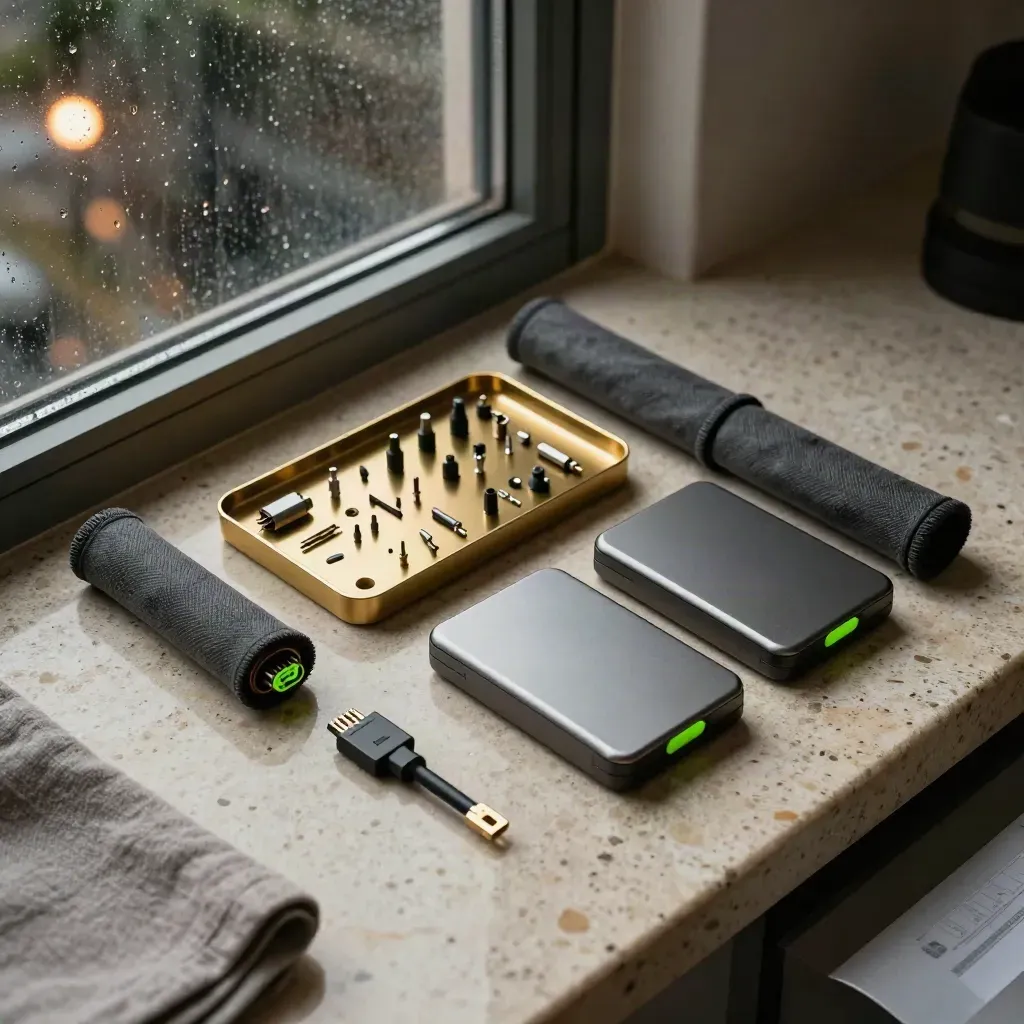 Top-down stone worktop with drives, adapter tray and repair kit beside rain-streaked window light.