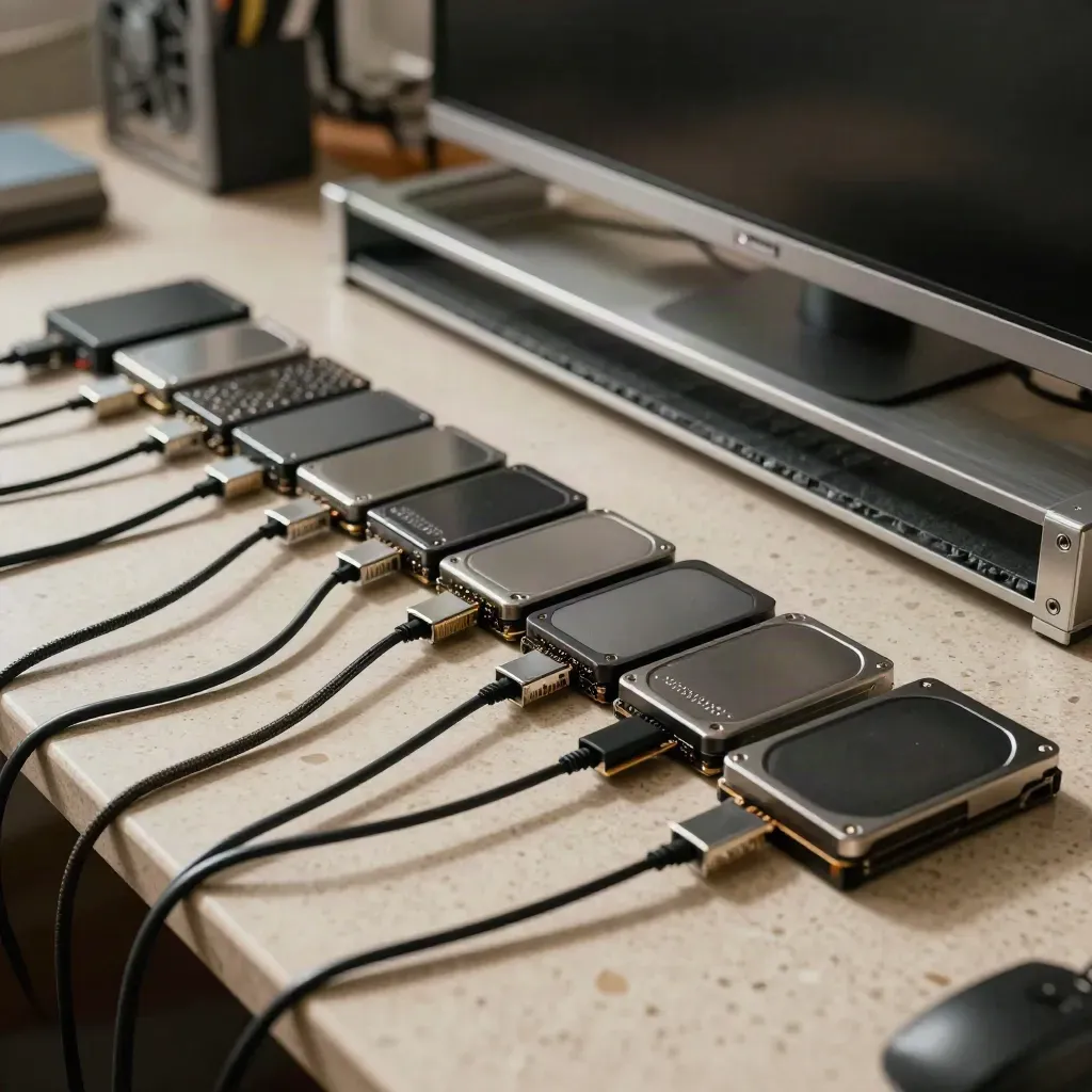 Fan of SSDs, expansion cards, and cable clips arranged on travertine in a modding workspace.
