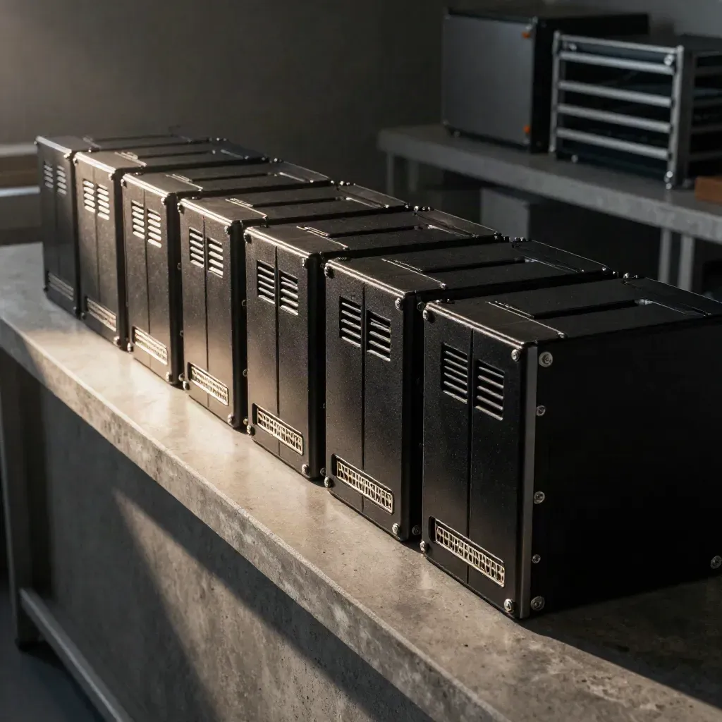 Modular game drives and blocks on a concrete counter in humid late-afternoon light