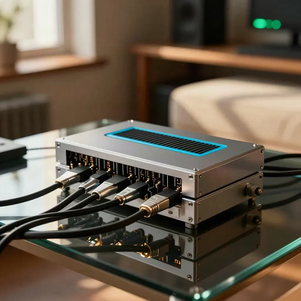 Chrome mod modules and braided cables on glass, with a cyan vent panel and warm window light.