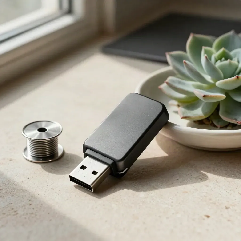 Overhead USB drive, cable spool, ceramic dish and succulent on pale stone.